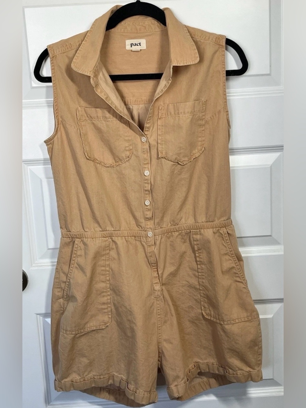 PACT Organic Cotton Sleeveless Utility Romper Small Tan Safari Travel